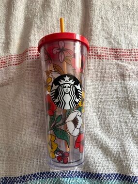 Starbucks Floral Cold Cup Tumbler with Red Lid and Yellow Straw